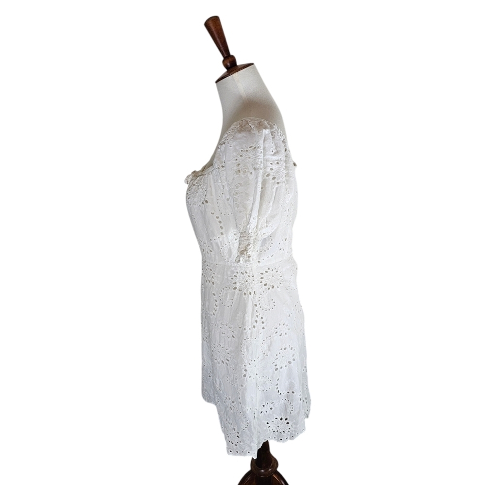 7 For All Mankind White Eyelet Boho‎ Cottagecore Puff Sleeve Mini Dress S - Picture 4 of 9